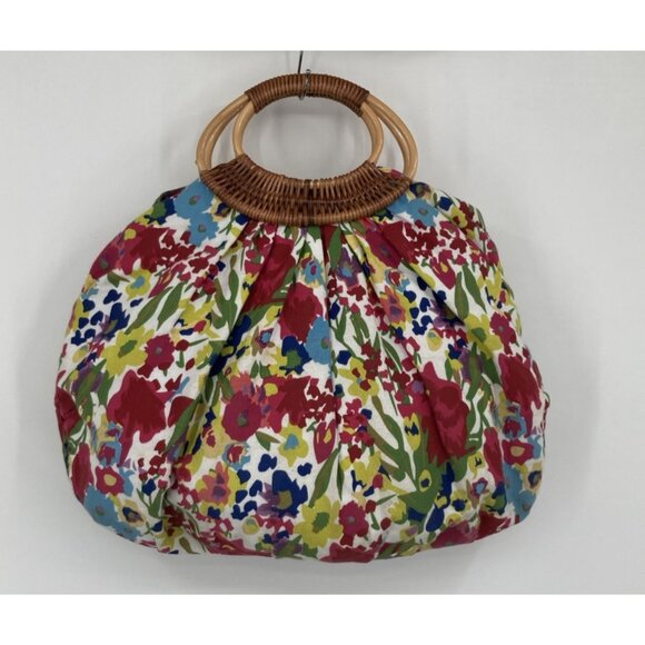 Large Antique Wicker & Canvas Handbag Colorful Floral Boho Beach Vacation - Picture 2 of 13